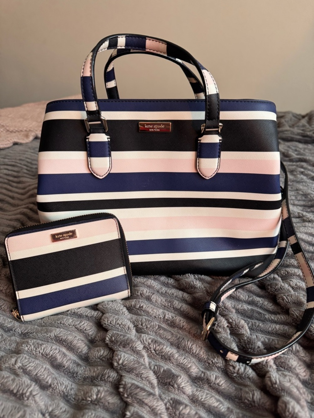 kate spade Navy, Pink & White Striped Satchel with Wallet